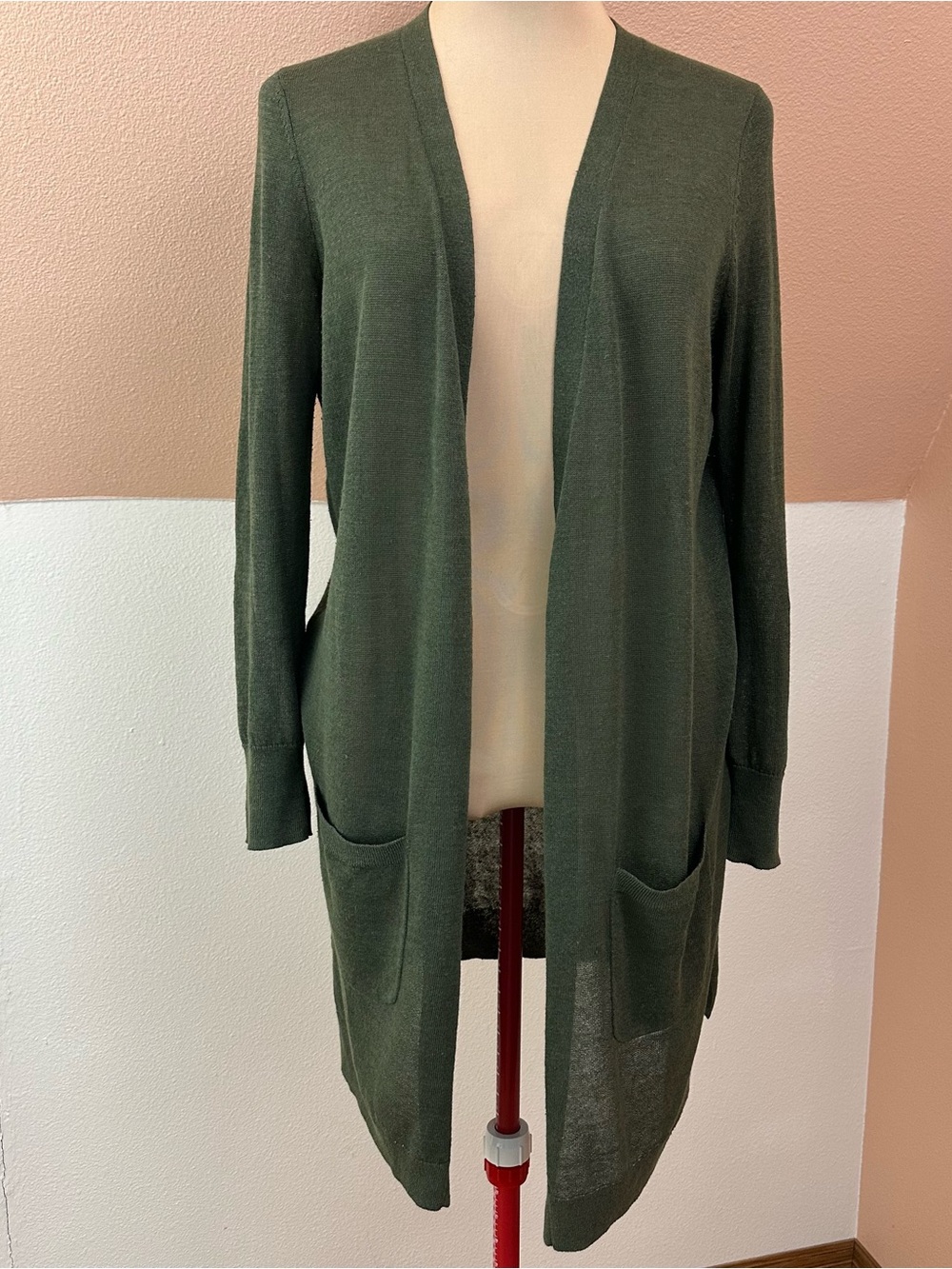 Halogen Linen Blend Open Front Duster Cardigan Olive Green Size L Pockets Office